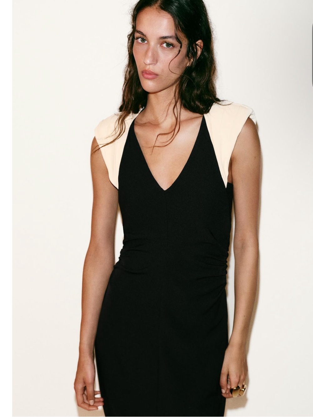 Zara Black Sheath Dress with Cream Cap-Sleeve Accents